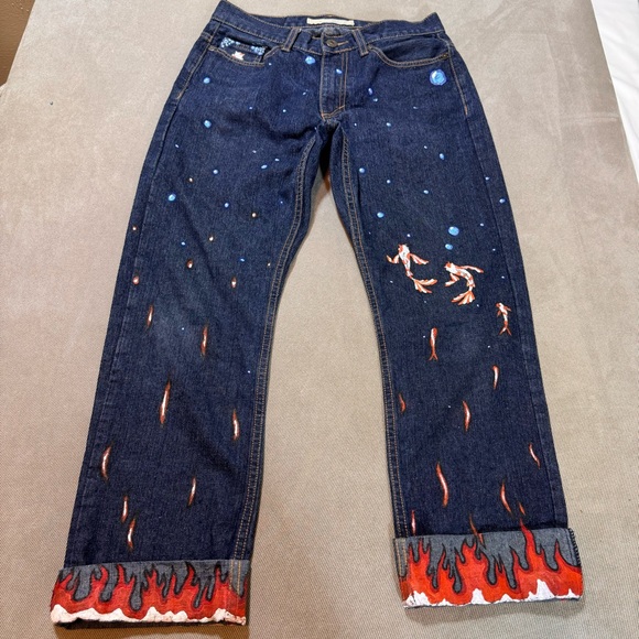 Vintage Genes Men’s Custom Hand Painted Jeans 30x32 Cuffed Koi Flames